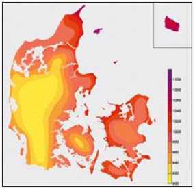 Solindstrålingen i Danmark er ca. 1.000 kWh/m2 men det varierer lidt fra område til område.