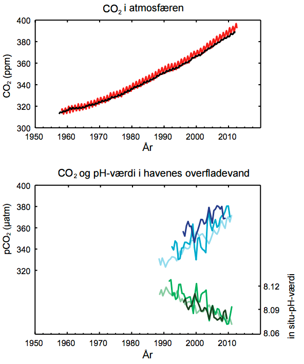 Øverst: Observeret CO2 i atmosfæren. Nederst: CO2 og pH-værdi i havenes overfladevand. Klik på grafikken for at få den større. Kilde: IPCC/DMI s. 10.