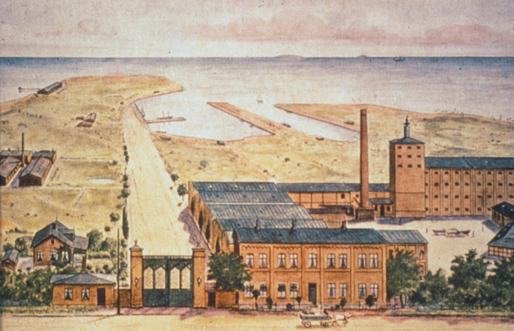 Det oprindelige bryggeri i Tuborg Havn. Billedet viser Tuborgs Fabrikker set fra Strandvejen i 1878-1880. Tappehallen, hvor Experimentarium i dag ligger, er endnu ikke anlagt. Den kom til nogle år senere nede ad vejen til venstre.