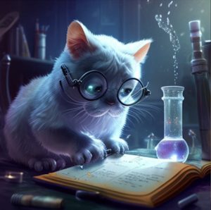 En kat der laver videnskab - skabt med kunstig intelligens